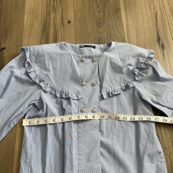 Zara Peter Pan Collar Blue White Checked Rhinestone Buttons Size Small EUC - Picture 6 of 9
